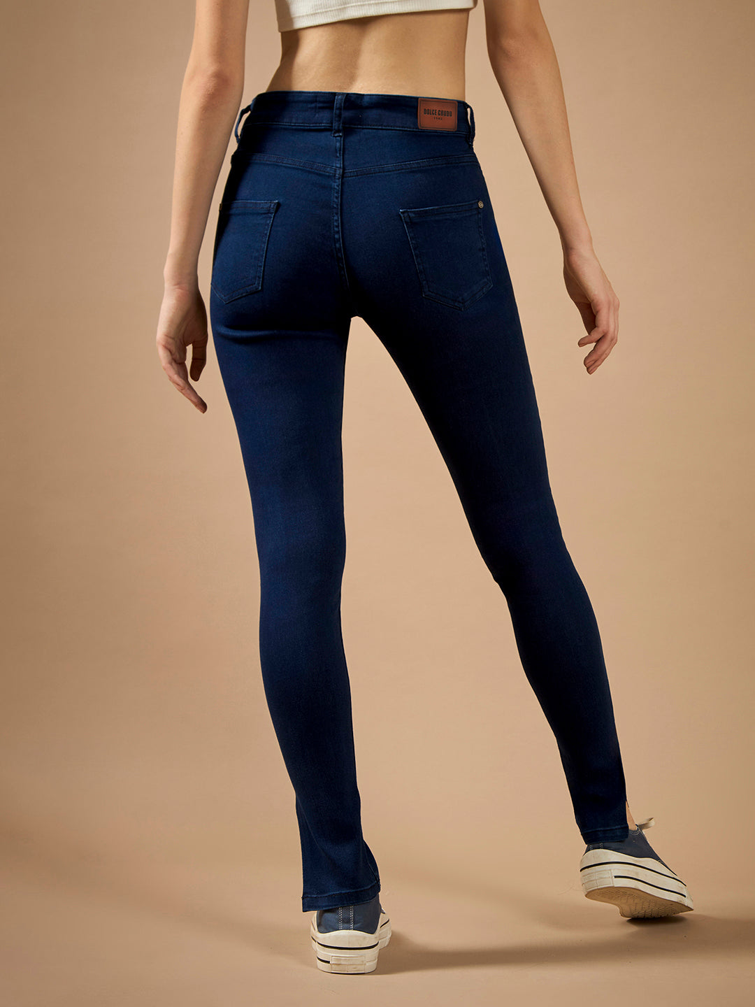 Women's Navy Blue Skinny-Fit Mid-Rise Cropped-Length Side-Slit Denim Stretchable Jeans