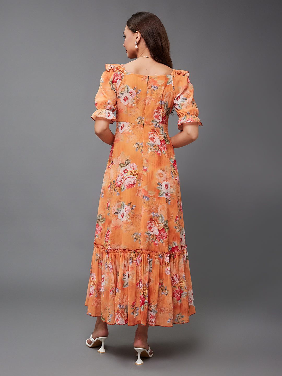 Women's Multicolored-Base-Orange V-Neck Puff Sleeve Floral Ruching Ankle-Length Dress