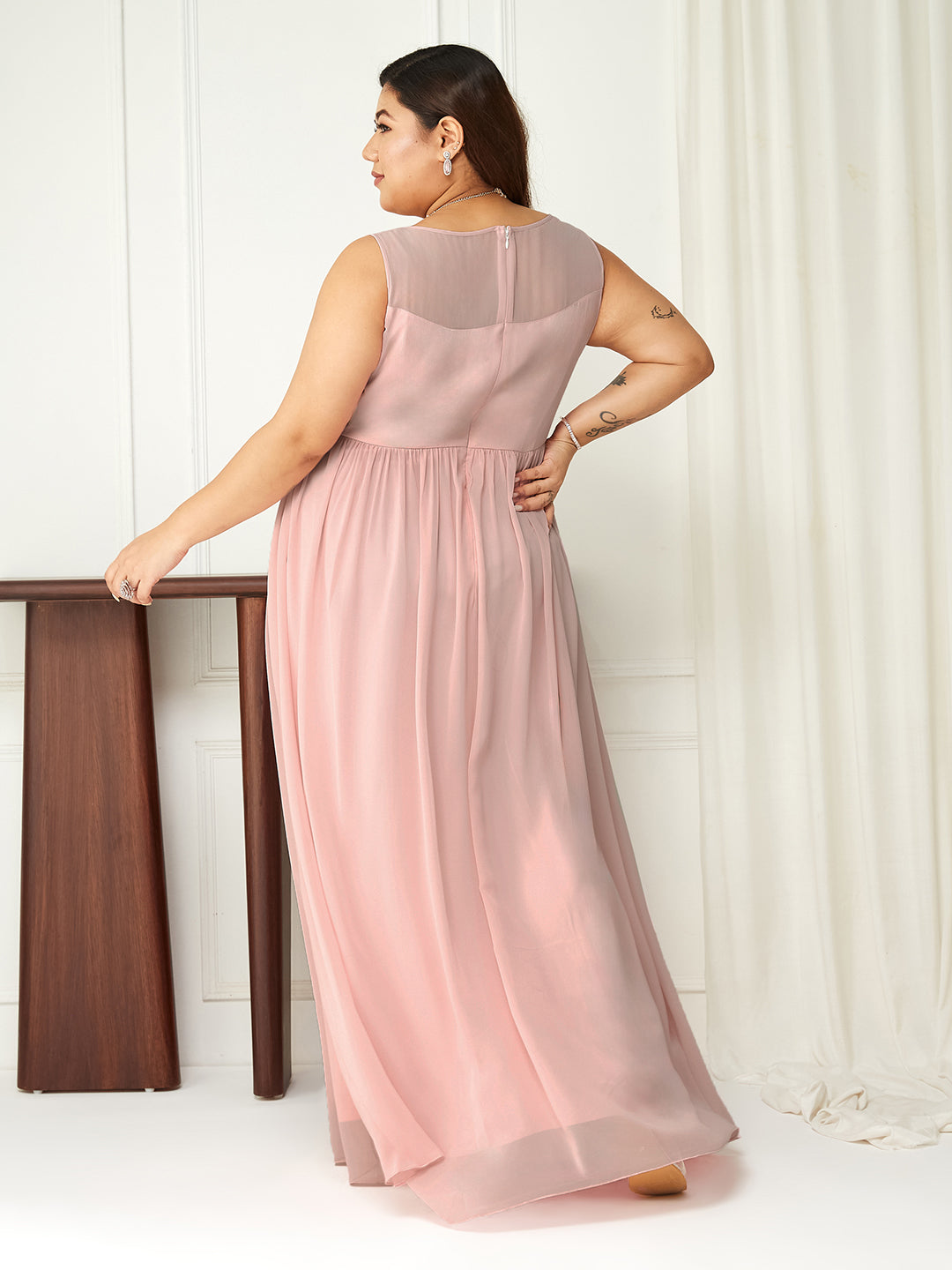 Body Bliss Pink Sequin Embroidery Gathered Maxi Dress