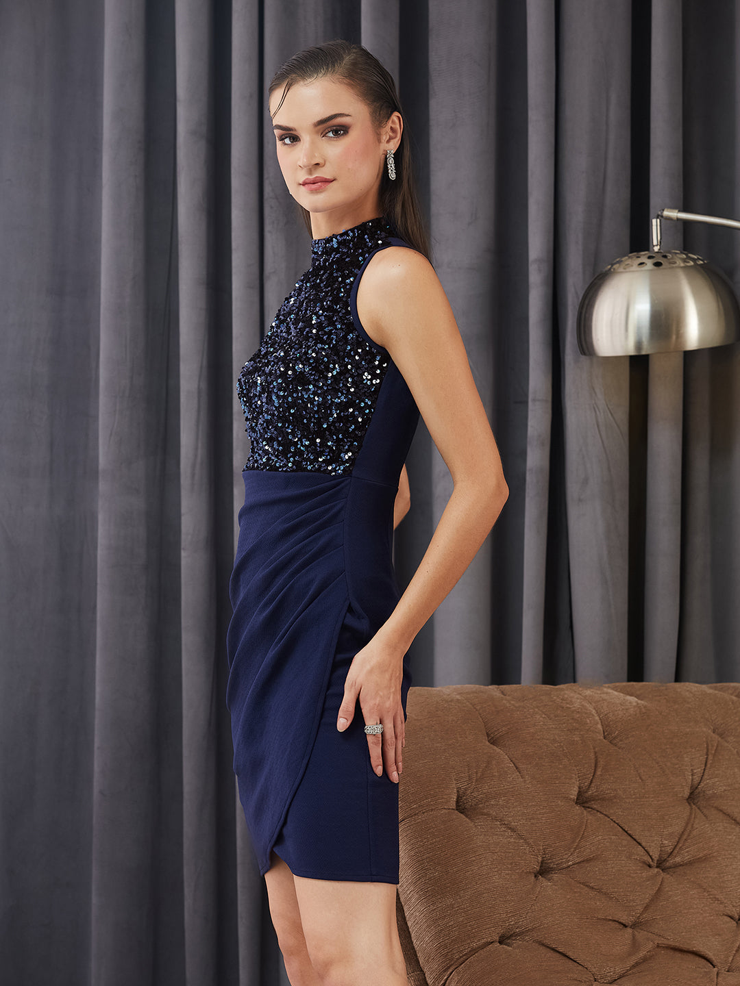 Women's Navy Blue Halter Neck Sleeveless Embellished Pleated Above-Knee Dress