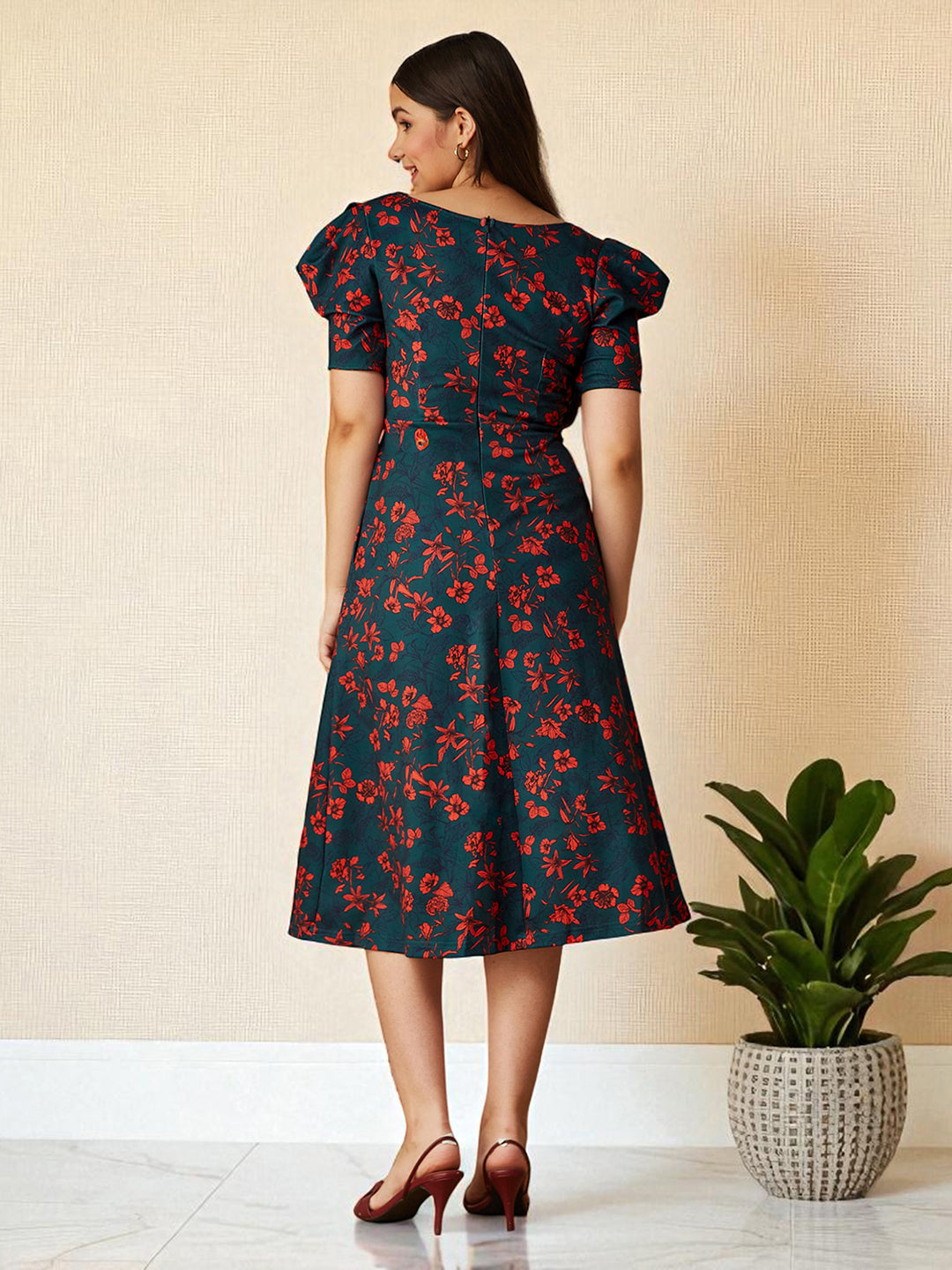 Multicolored-Base-Teal V-neck Puff Sleeve Floral Wrap Midi Dress for Girls/Teenagers for Women — Mizuki