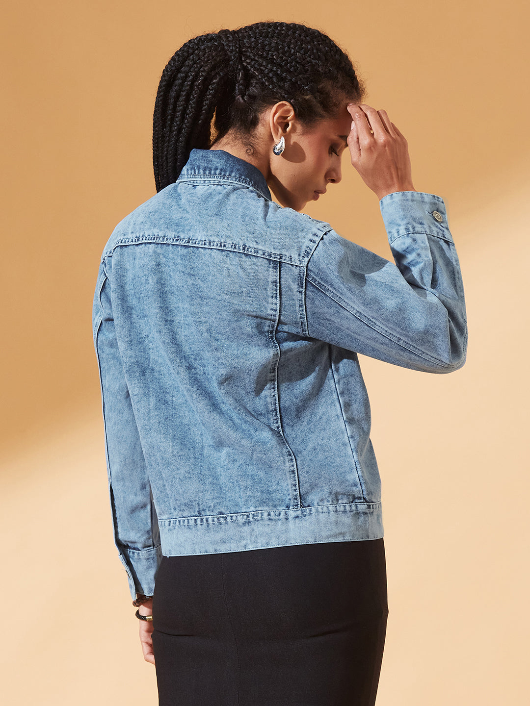 Light-Blue Collared Full Sleeve Solid Classic Denim Jacket for Women