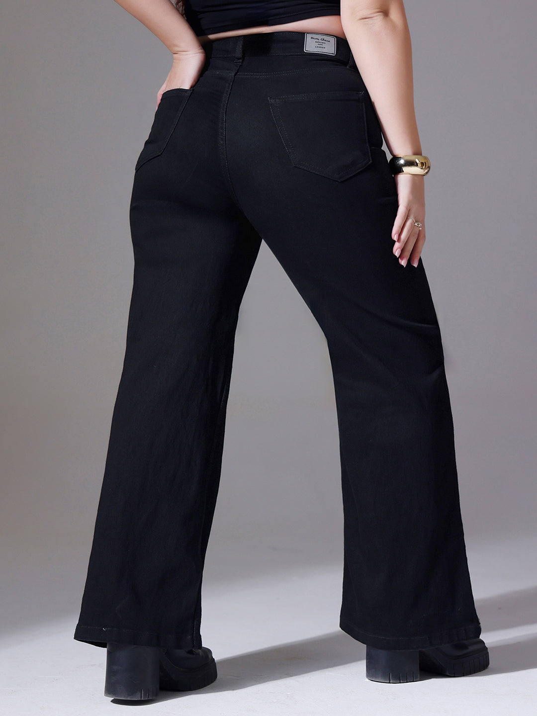 24/7 Comfort Black Wide-Leg High-Rise Clean-Look Regular Stretchable Denim Jeans