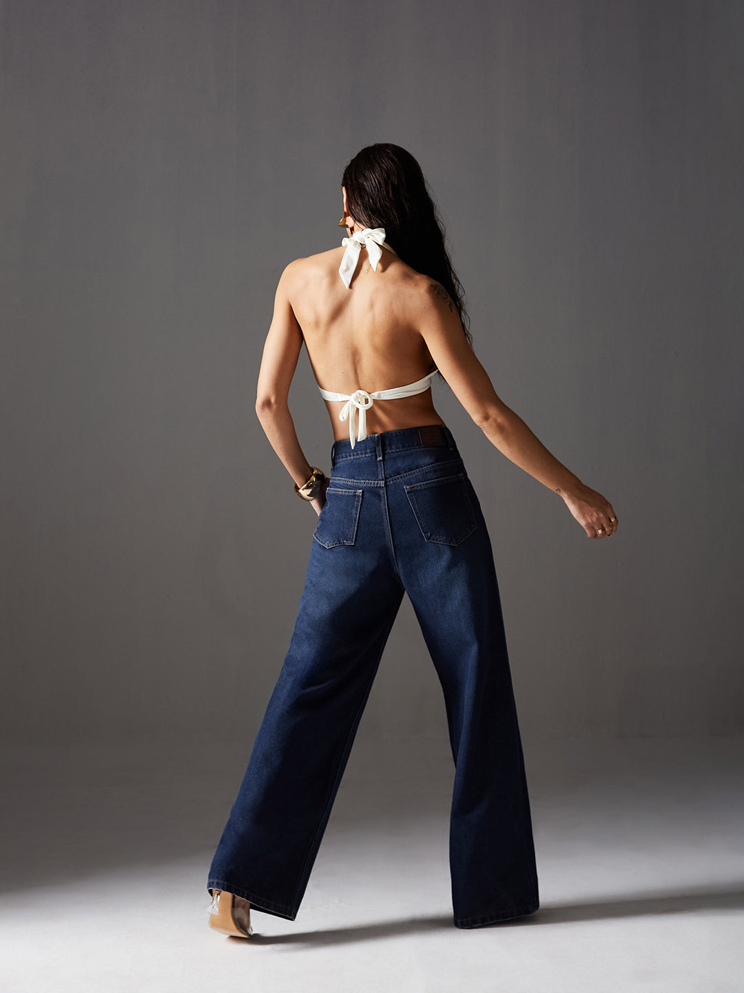 Women's Navy Blue Wide-Leg High-Rise Clean-Look Regular-Length Denim Jeans