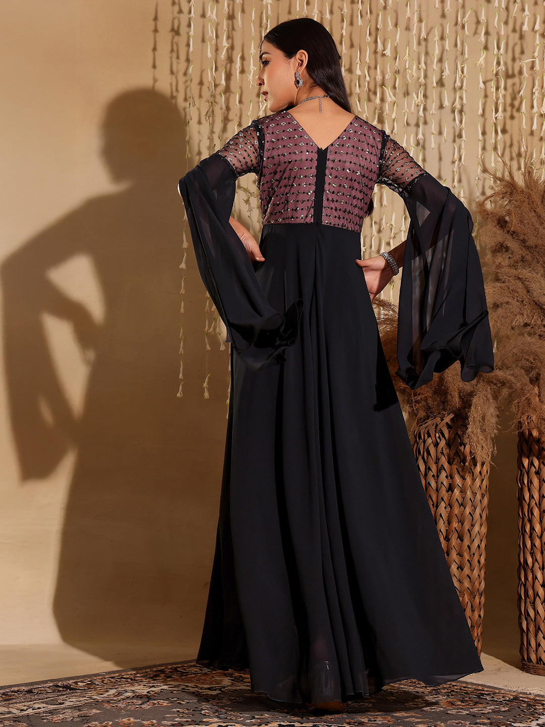 Women's Black & Lavender Relaxed Fit Maxi Georgette & Sequins Dress