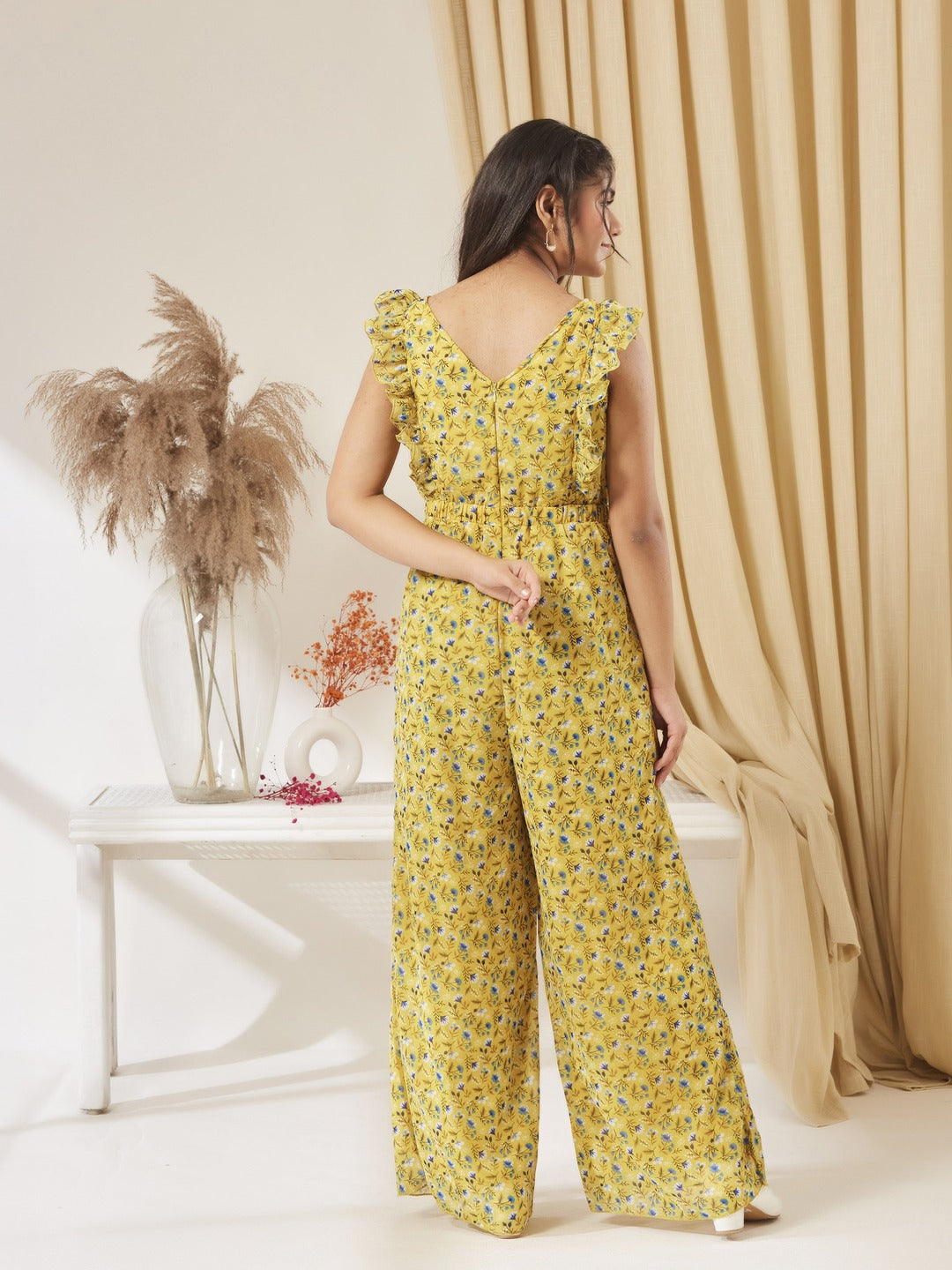 Yellow Round neck Sleeveless Floral Wide Leg Regular Jumpsuit for Girls/Teenagers