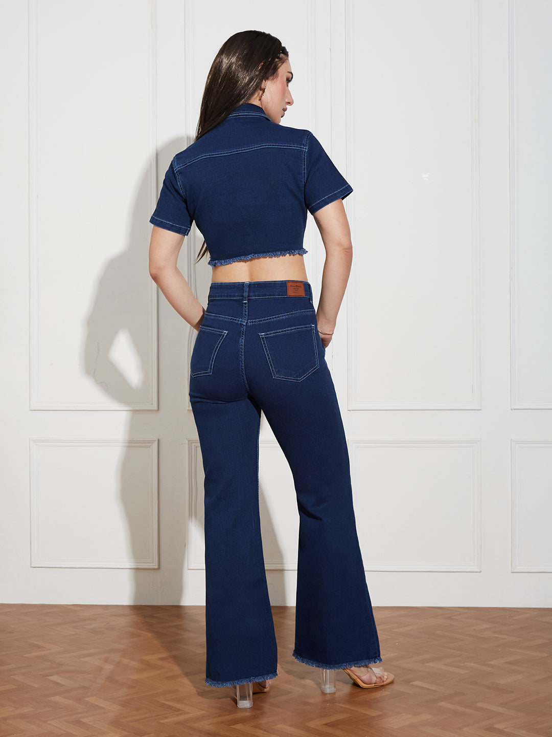 Women's Navy Blue Bootcut High-Rise Clean-Look Cropped Top, Regular Bottom Stretchable Denim Co-Ord Set