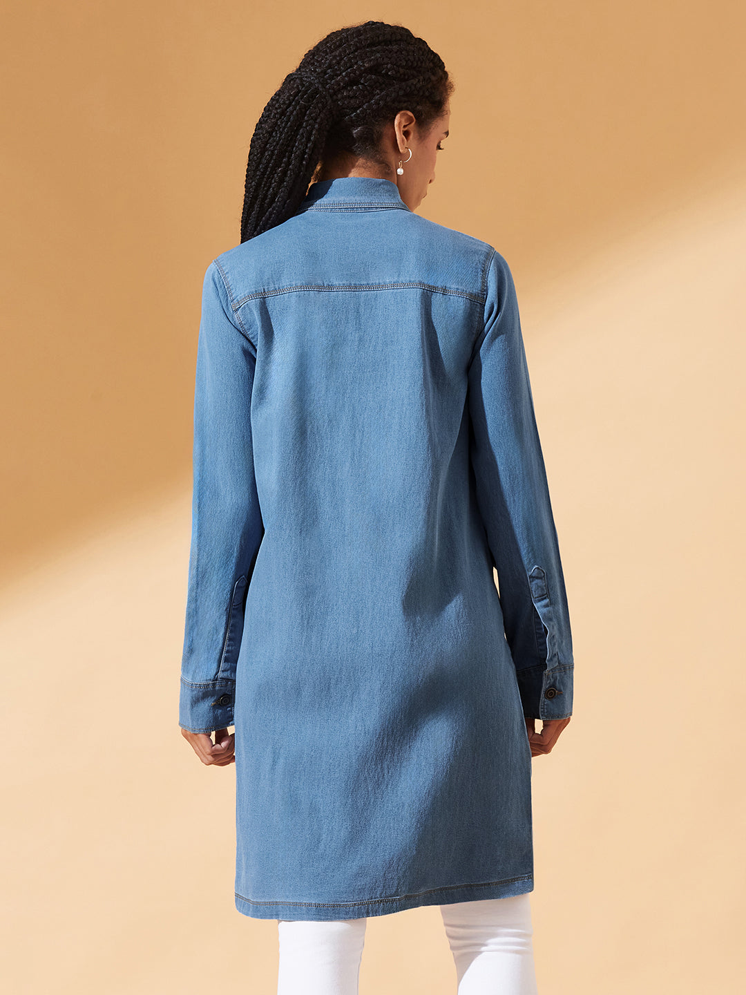 Blue Polo Neck Full Sleeves Denim Knee-Long Shrug for Women
