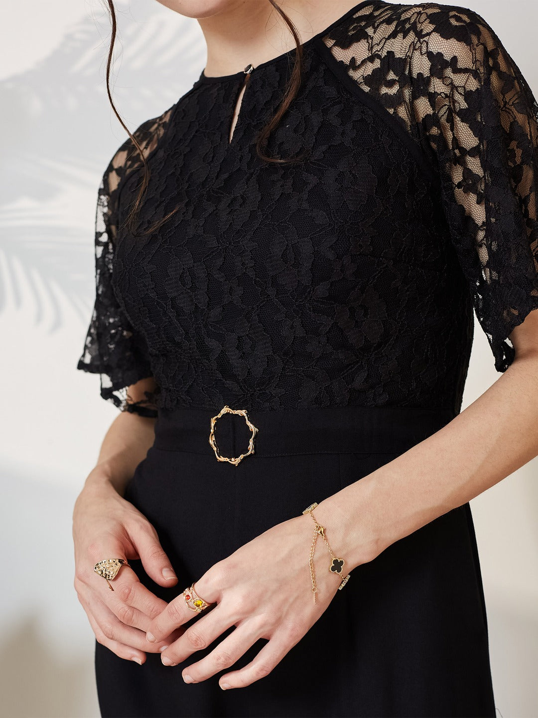 Black Round Neck Flared Sleeve Floral Raglan Regular Jumpsuit for Women