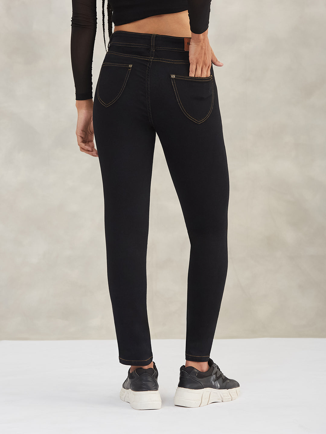 Women's Black Skinny High-Rise Side-Slit Solid Stretchable Denim Jeans