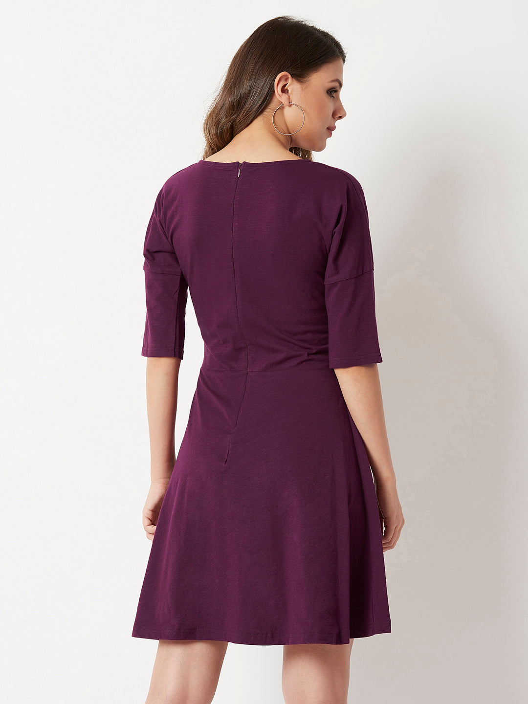 Women's Magenta Round Neck 3/4 Sleeve Cotton Solid Pearl Detailing Mini Skater Dress