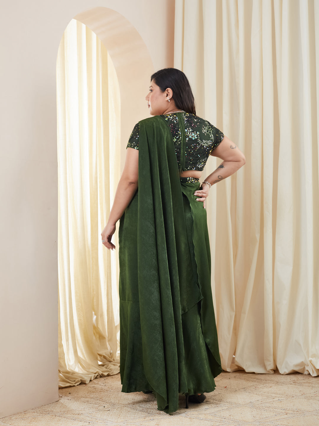 Olive V-Neck Short-Sleeve Embellished Draped Maxi Velvet Dress for Women