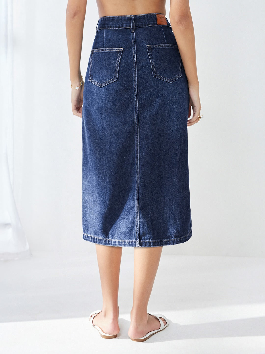Dark Blue A-Line High-Rise Clean-Look Non-stretchable Denim Midi Skirt for Women
