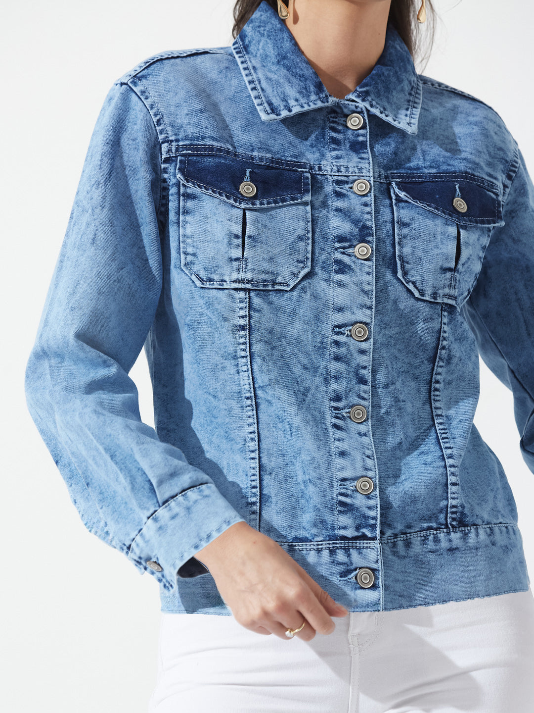 Light Blue Shirt Collar Full Sleeve Hand Painted Regular-Length Denim Jacket For Women