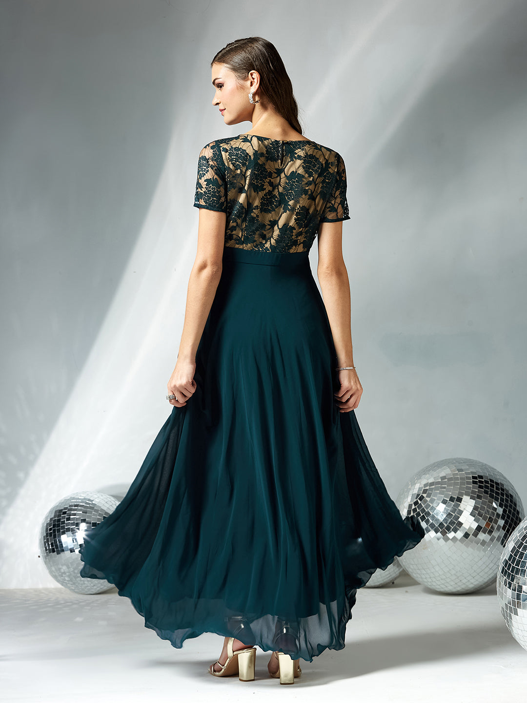 Teal Round Neck Half Sleeve Self Design Fit & Flare Georgette Maxi Dress for Women