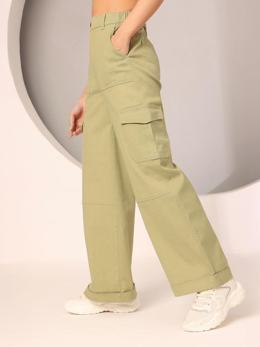Women's Olive Wide-Leg High Rise Clean Look Regular Stretchable Denim Jeans