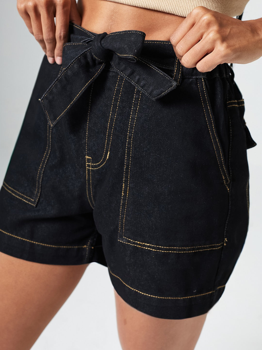 Black High-Rise Relaxed Fit Denim Shorts with Tie-Up Belt & Patch Pockets for Women