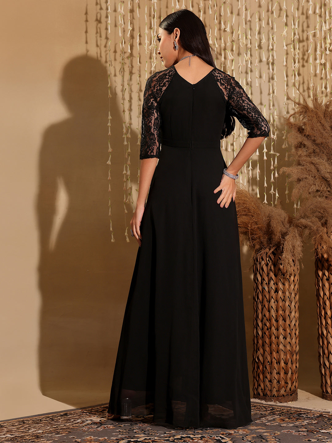 Women's Black V-Neck Raglan Embellished Wrap Maxi Georgette Dress