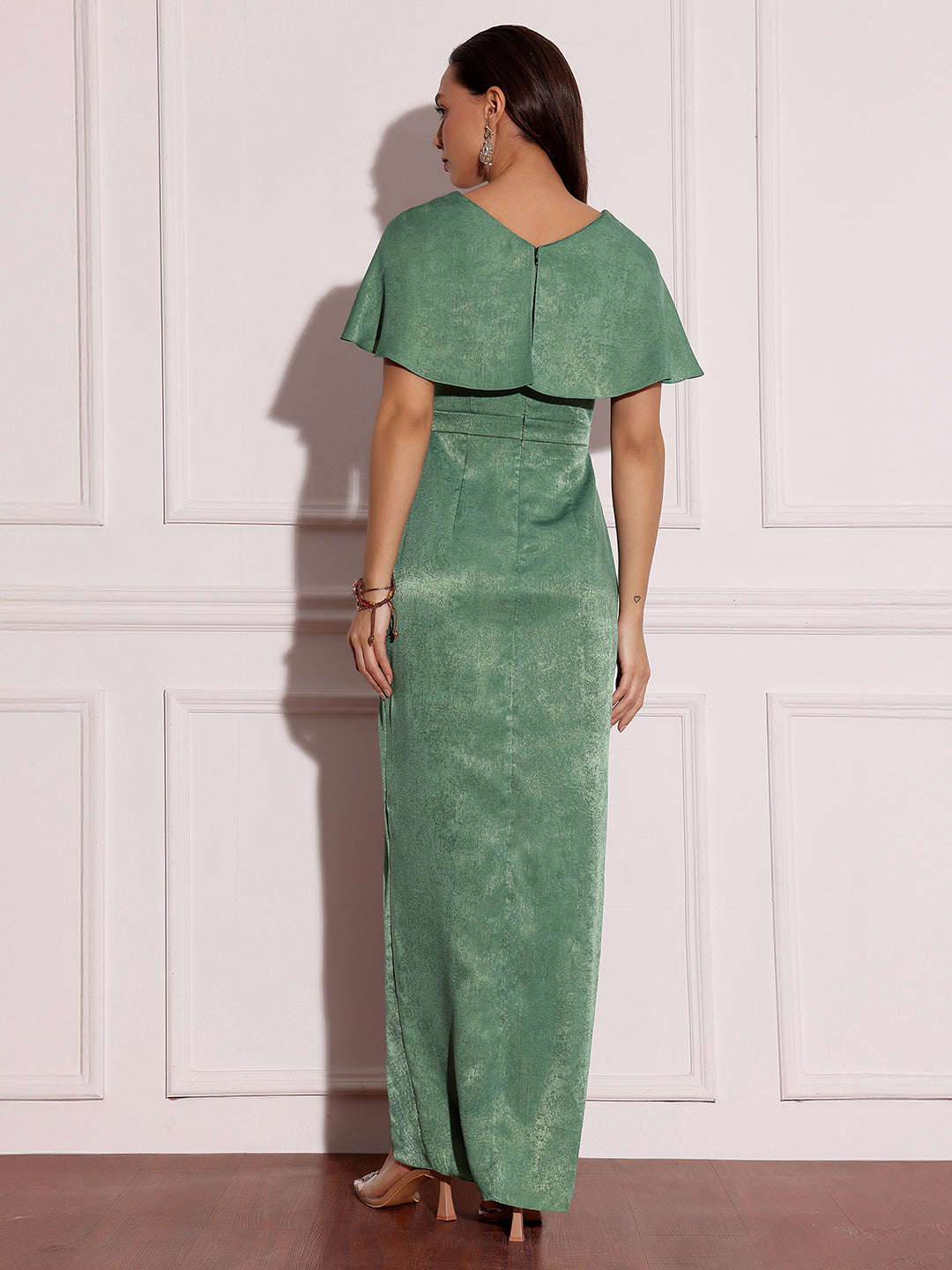 Khakar Meadow Sage Green Embellished Satin Maxi Dress