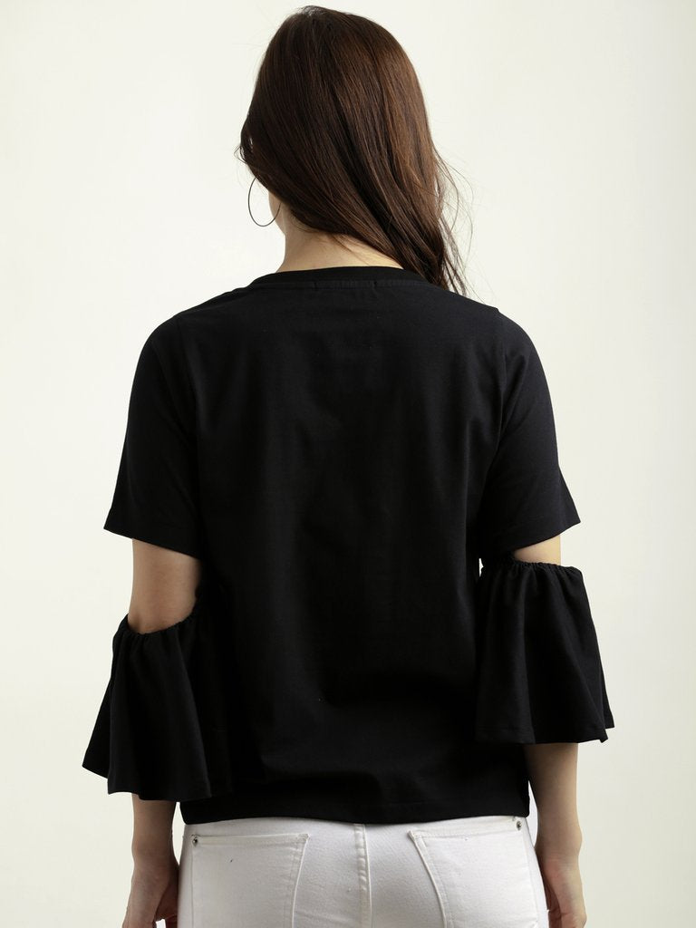 Women's Black Round Neck Flared 3/4 Sleeve Cotton Solid Gathered Cut Out Detail Top