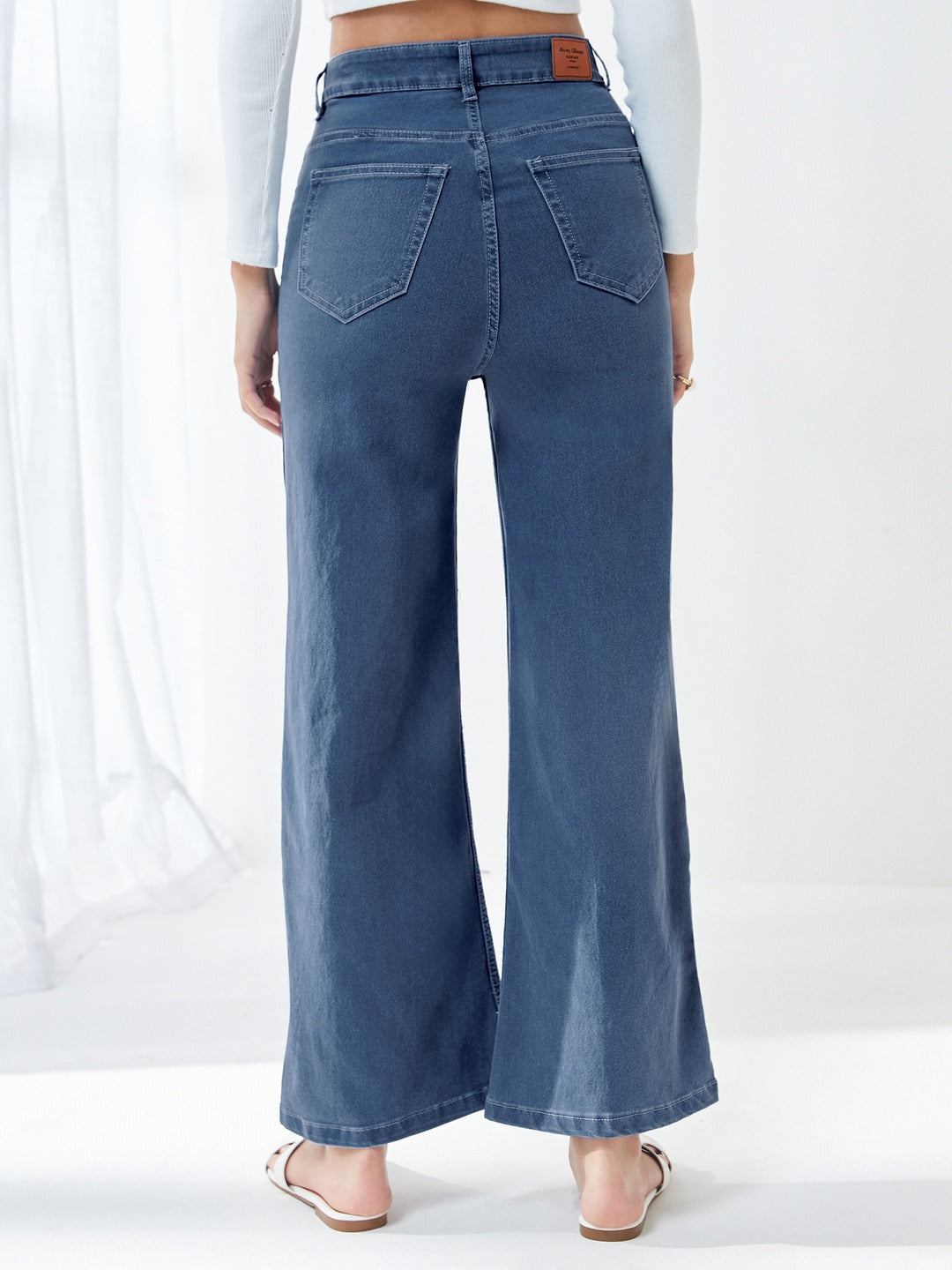 Blue Wide-Leg High-Rise Stretchable Denim Jeans for Women
