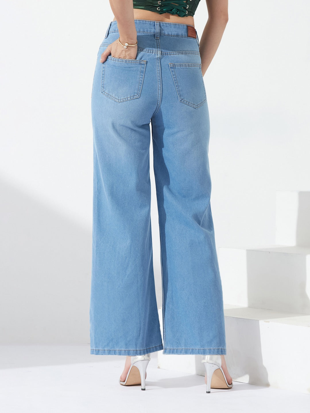 Light Blue Wide-Leg High-Rise Non-stretchable Denim Jeans for Women