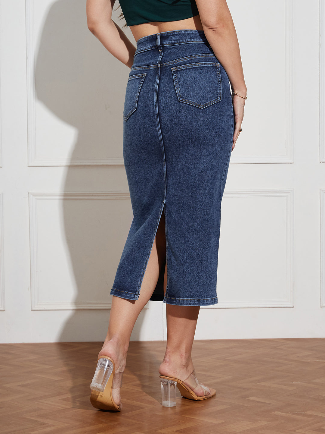 Women's Dark Blue High-Rise Stretchable Denim Midi Skirt with Back Slit – Shaping Fit