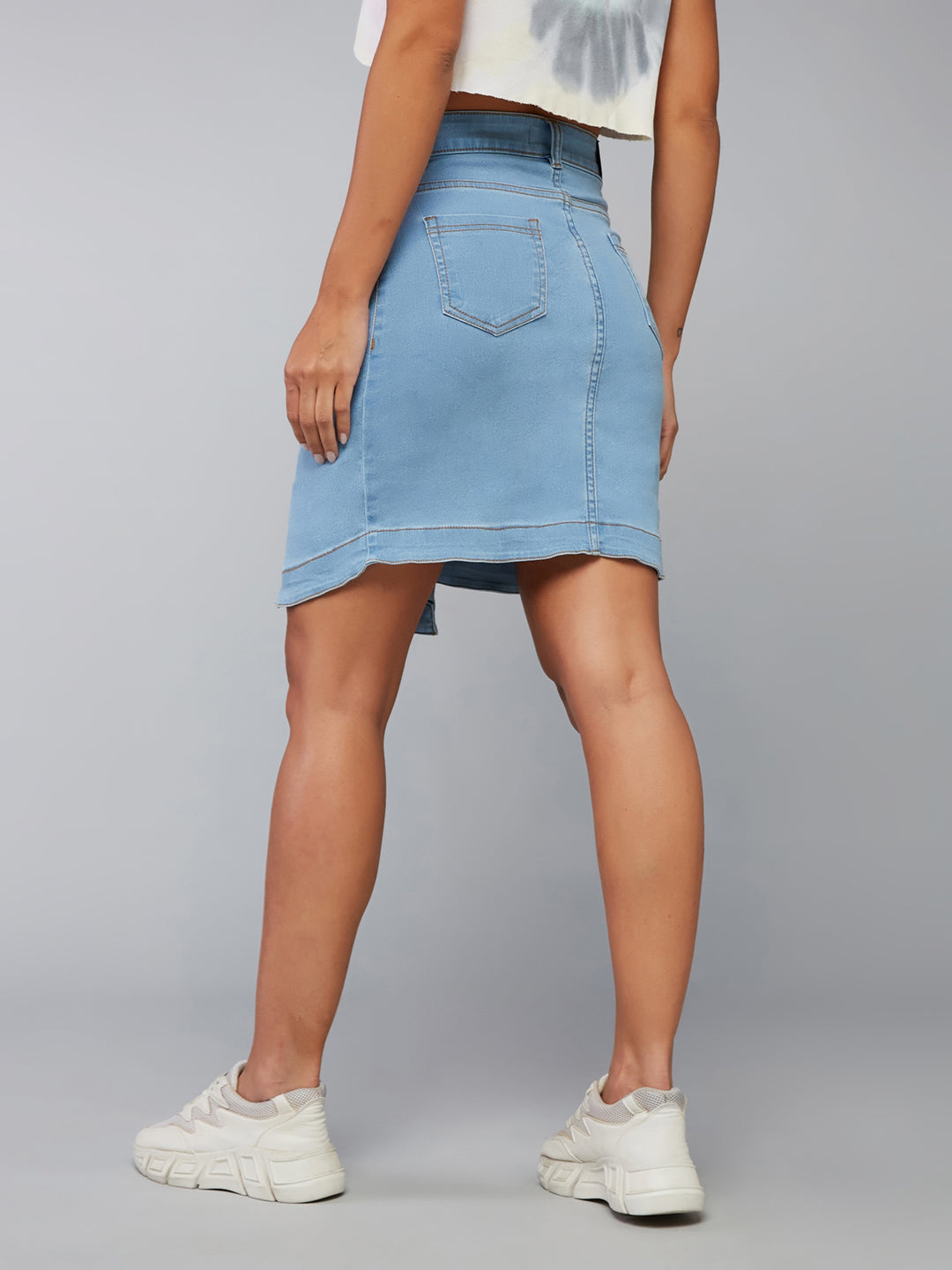 Women's Light Blue Regular High-Rise Above Knee Stretchable Denim Skirt