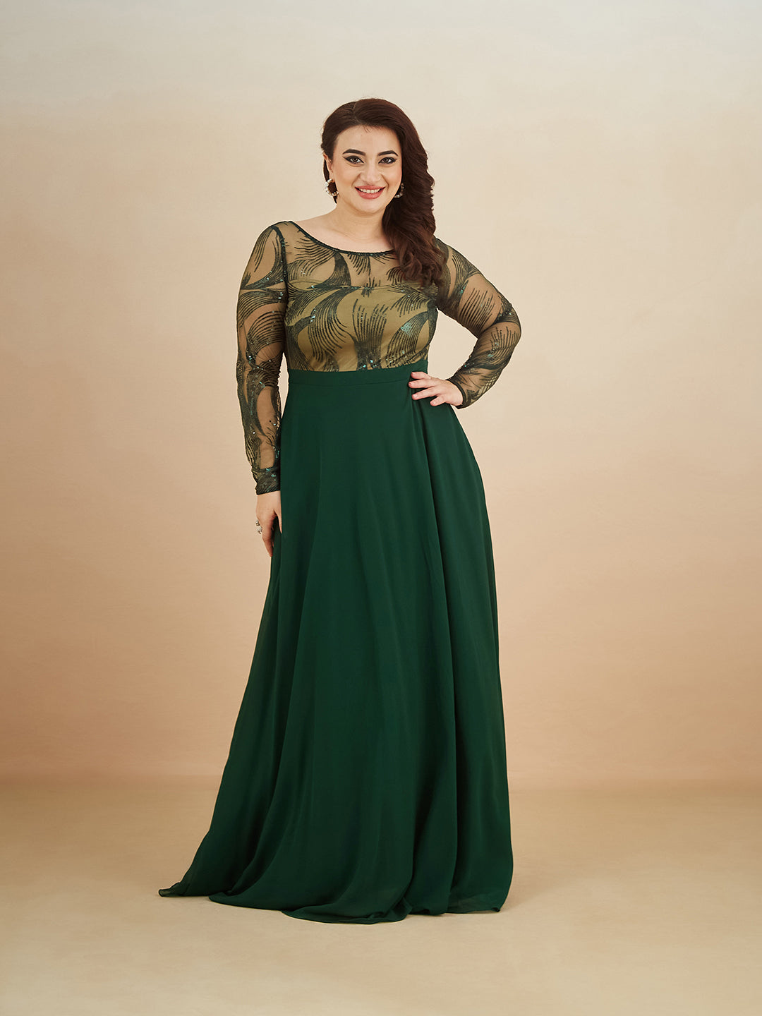 Green & Beige Solid Embellished Maxi Dress for Women — Miss Chase A+