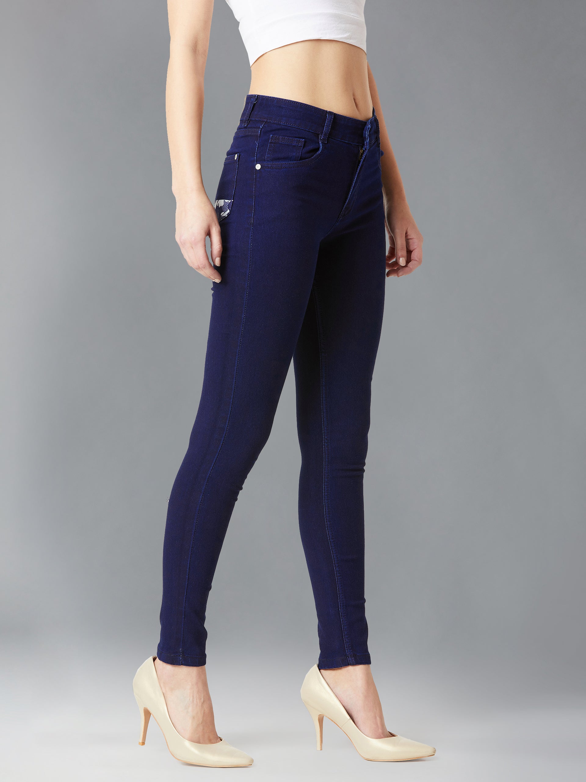 24/7 Comfort Navy-Blue Printed Fabric Detailing Skinny-Fit Mid-Rise Stretchable Denim Jeans