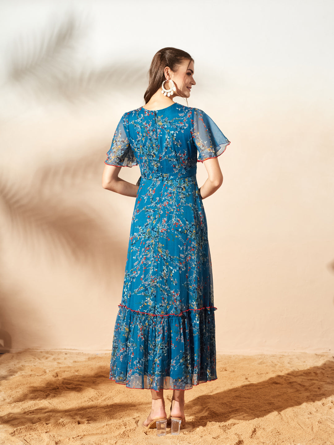 White & Blue Floral Printed Flutter Sleeves Maxi Dress for Women