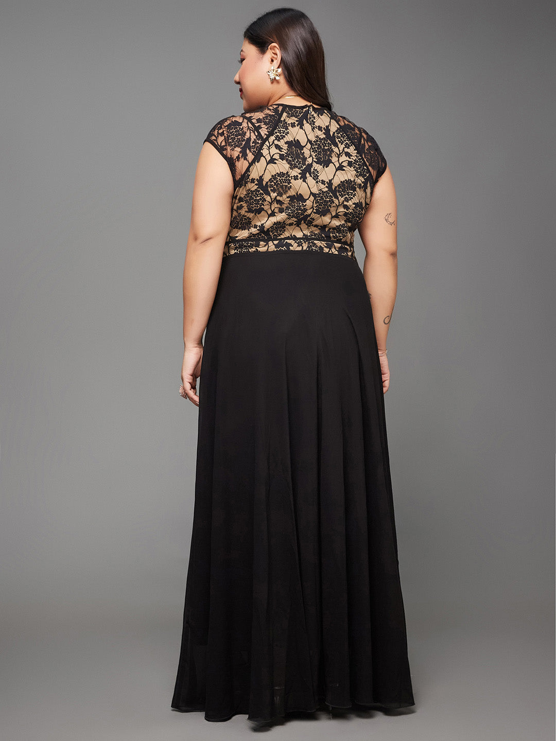 Black Floral V - Neck Cap Short Sleeves Lace Overlaid Fit & Flare Paneled Maxi Dress for Women