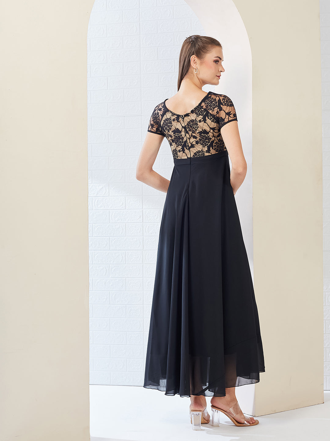 Black Square Neck Raglan Short Sleeve Self Design Lace Overlaid Georgette Maxi Dress for Women