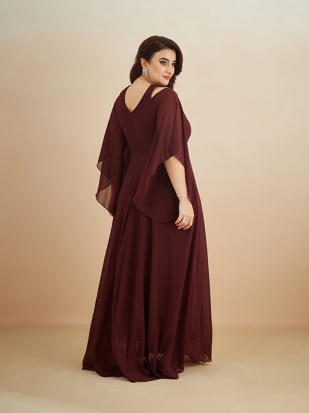 Wine Solid Relaxed Fit Round Neck Flared Sleeve Maxi Dress for Women — Miss Chase A+