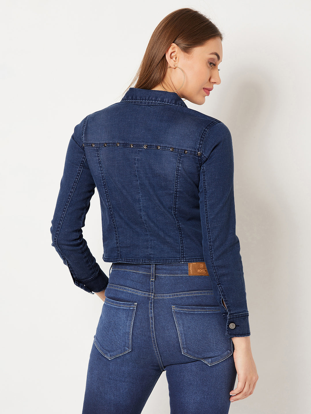 Women's Navy Blue Solid Polo Neck Full Sleeves Buttoned Denim Embellished Cropped Jacket