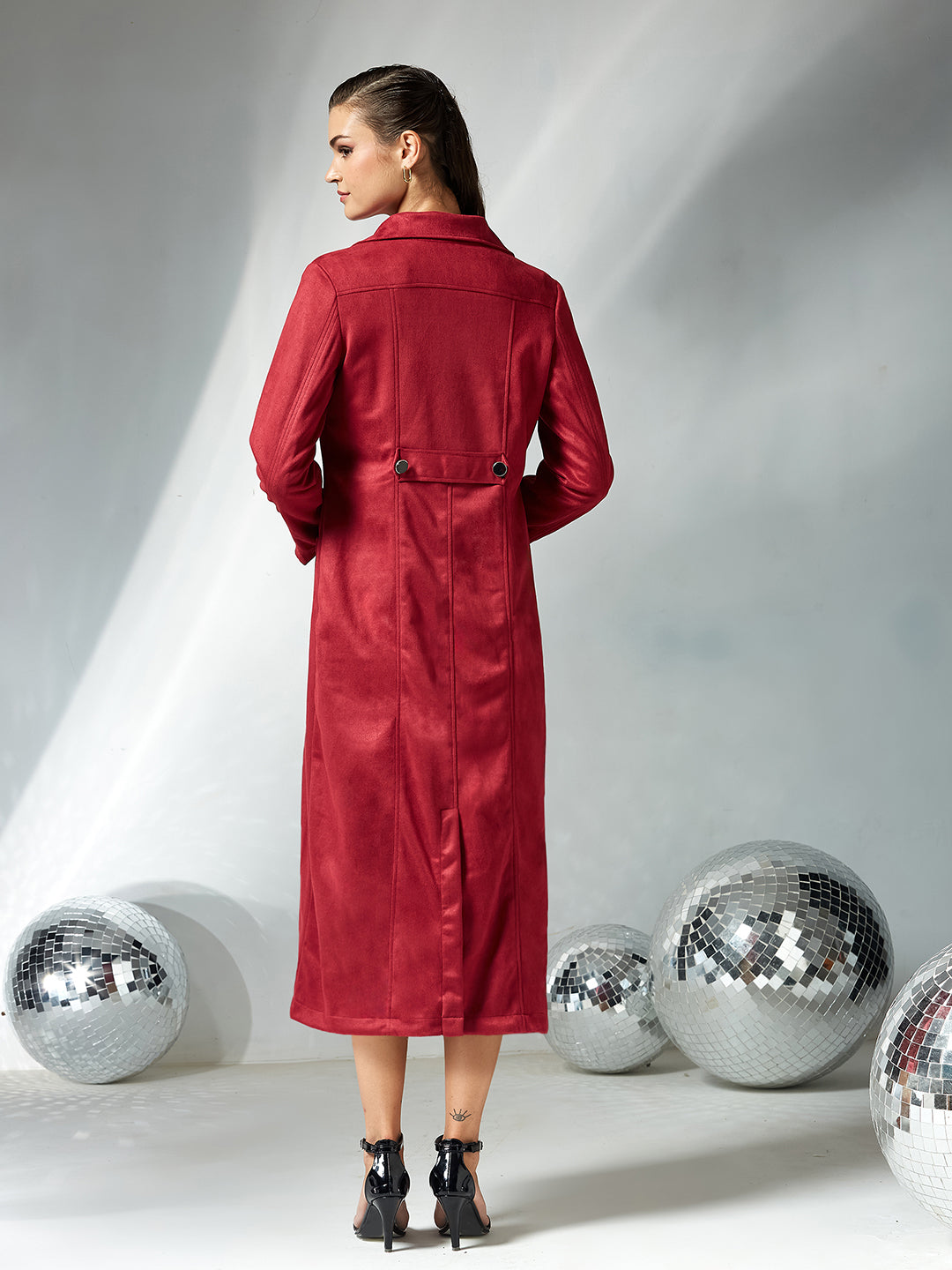 Women's Dark Red Solid V-Neck Full Sleeves Patched Pocketed Polyester Button Down Longline Winter Wear Jacket