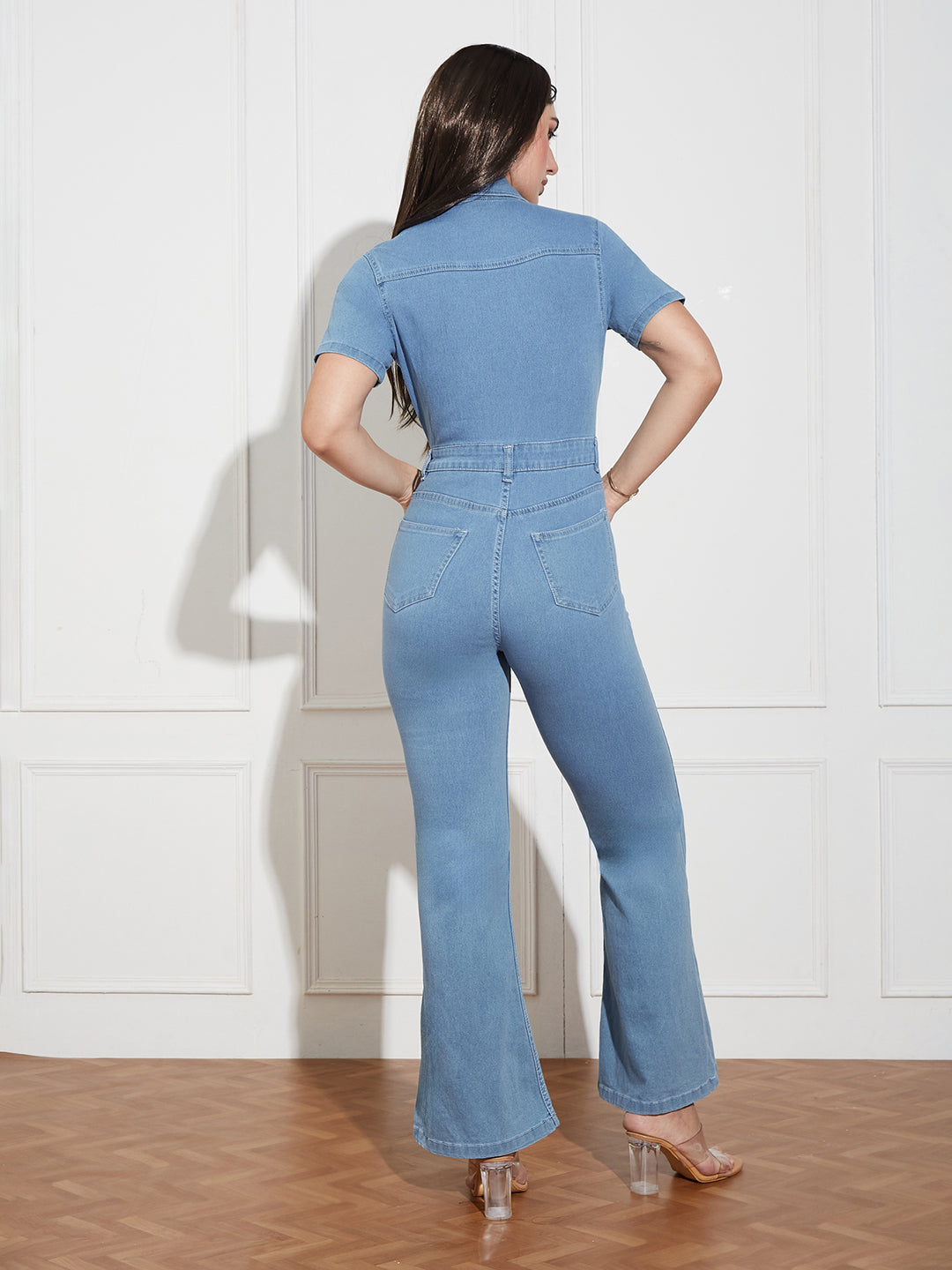 Women's Light Blue Flared High Rise Regular Length Stretchable Denim Jumpsuit