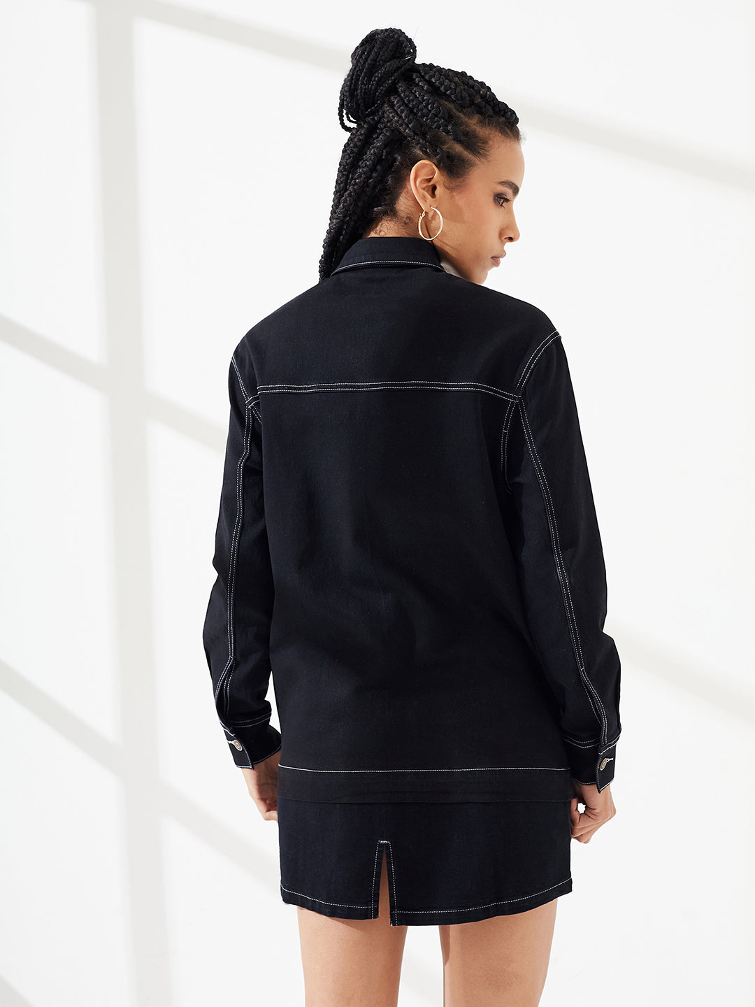 Black Shirt Collar Full-Sleeves Panelled Contrast Stitch Oversized Denim Jacket for Women