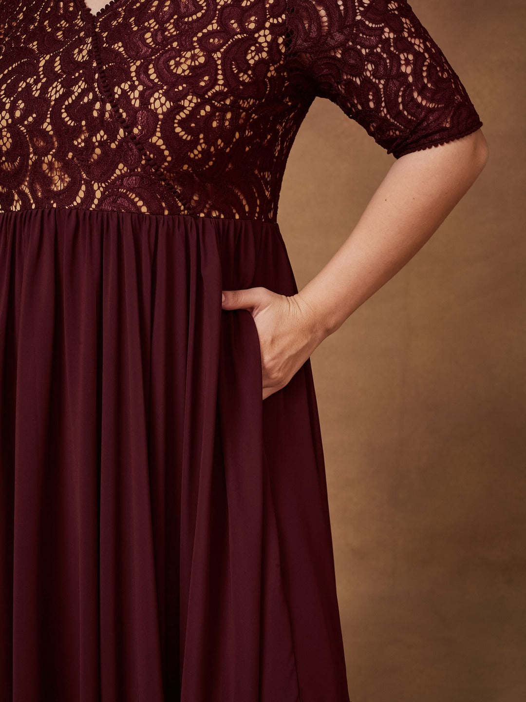Wine V-Neck Half Sleeve Self Designed Wrap Georgette Maxi Dress for Women