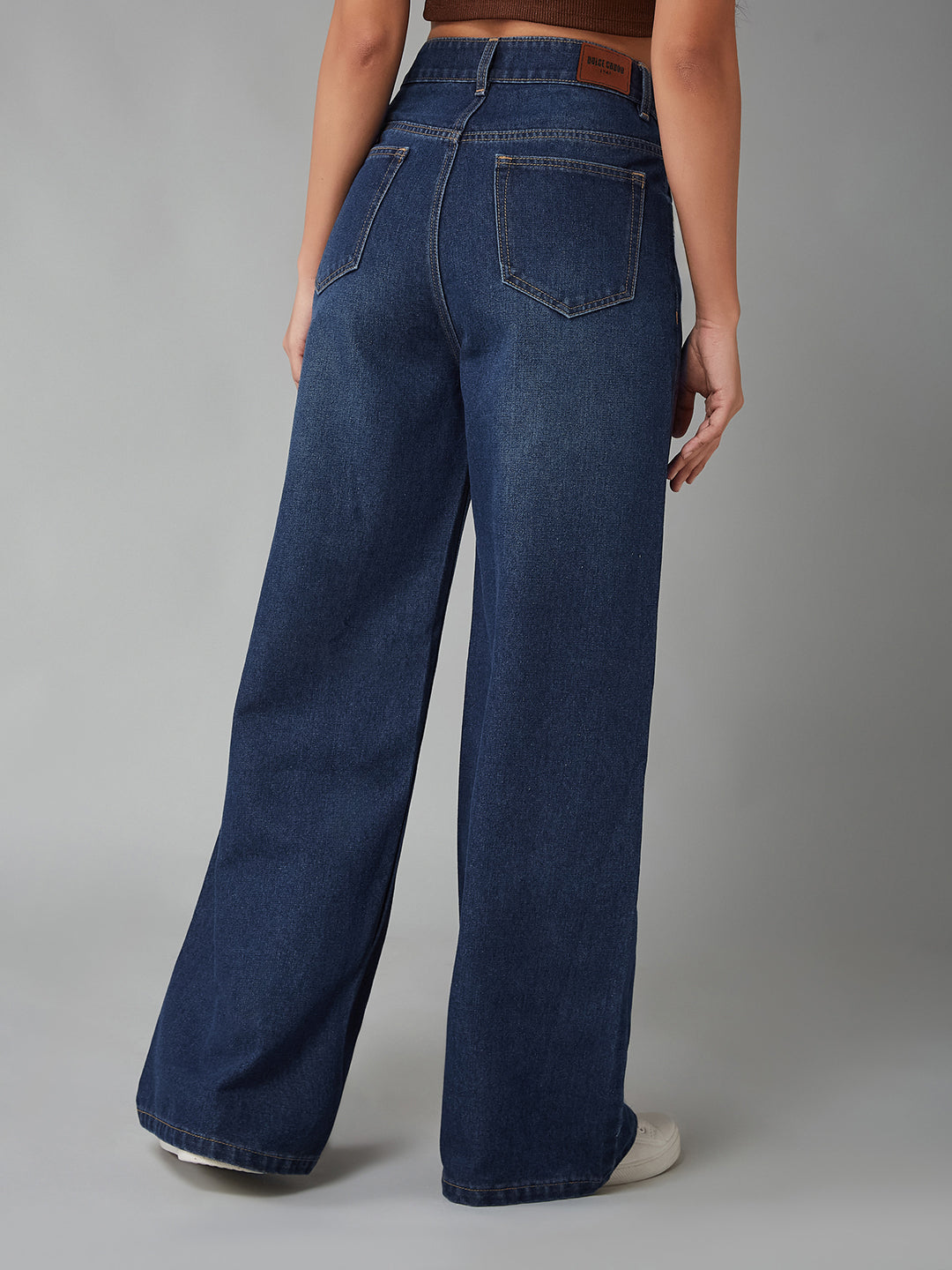 Women's Navy Blue Wide-Leg High-Rise Clean-Look Regular-Length Denim Jeans