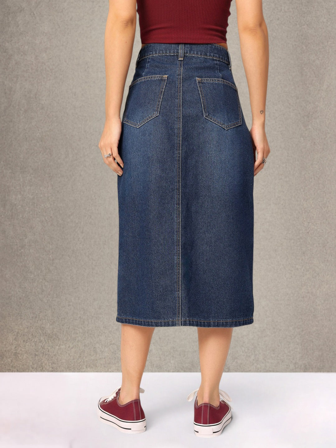 Dark Blue A-Line High-Rise Non-stretchable Denim Midi Skirt for Women