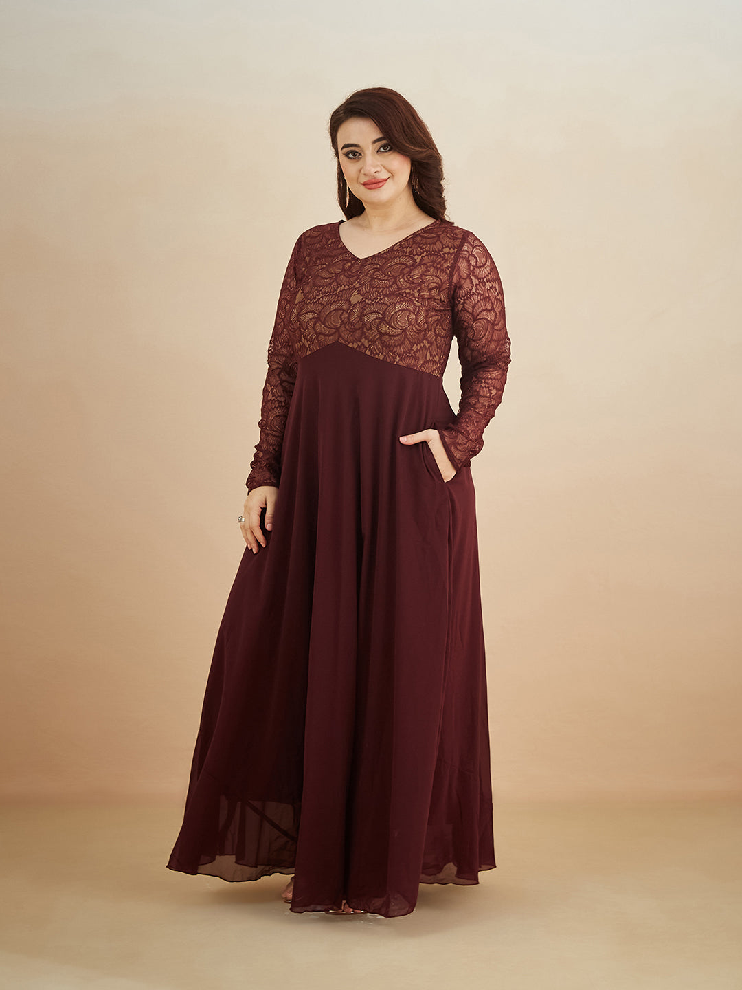 Wine V-Neck Full Sleeve Self Design Lace-Overlaid Georgette Maxi Dress for Women — Miss Chase A+