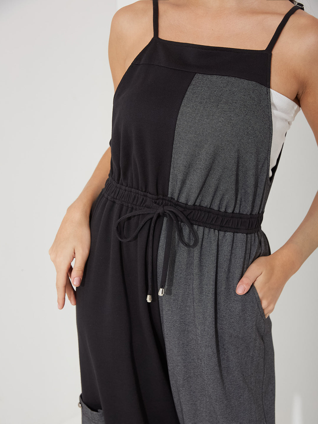 Black & Grey Square Neck Sleeveless Dual Tone Full Length Cotton Dungaree for Women