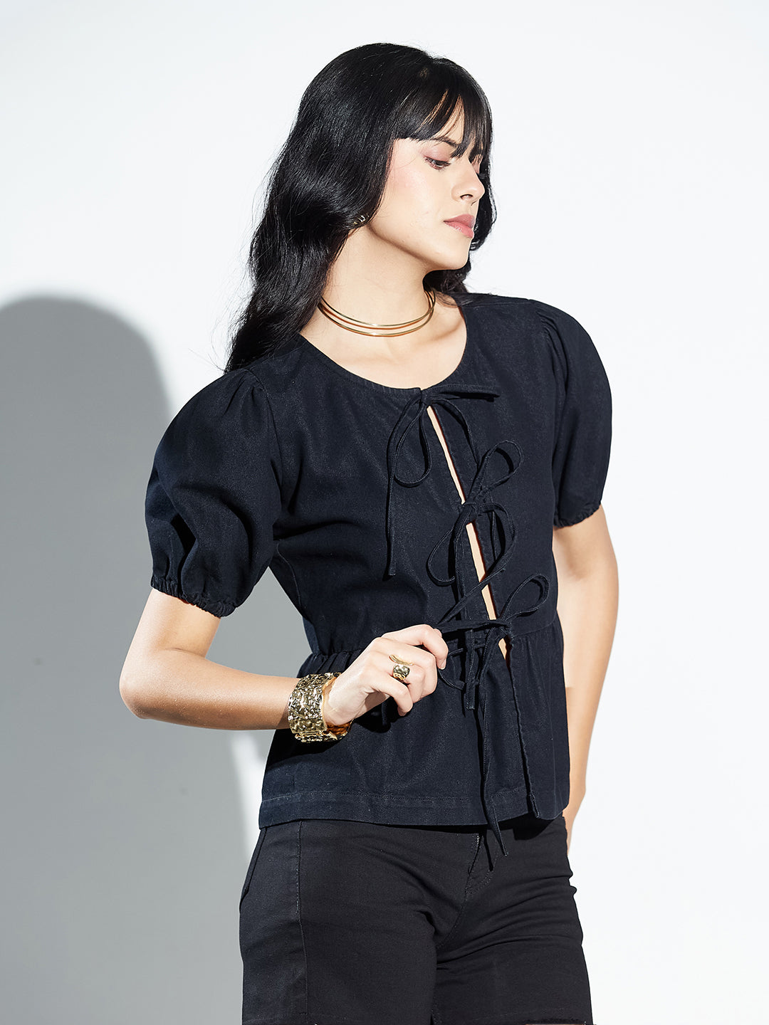 Black Round-Neck Puff-Sleeves Tie-Up Peplum Denim Top for Women