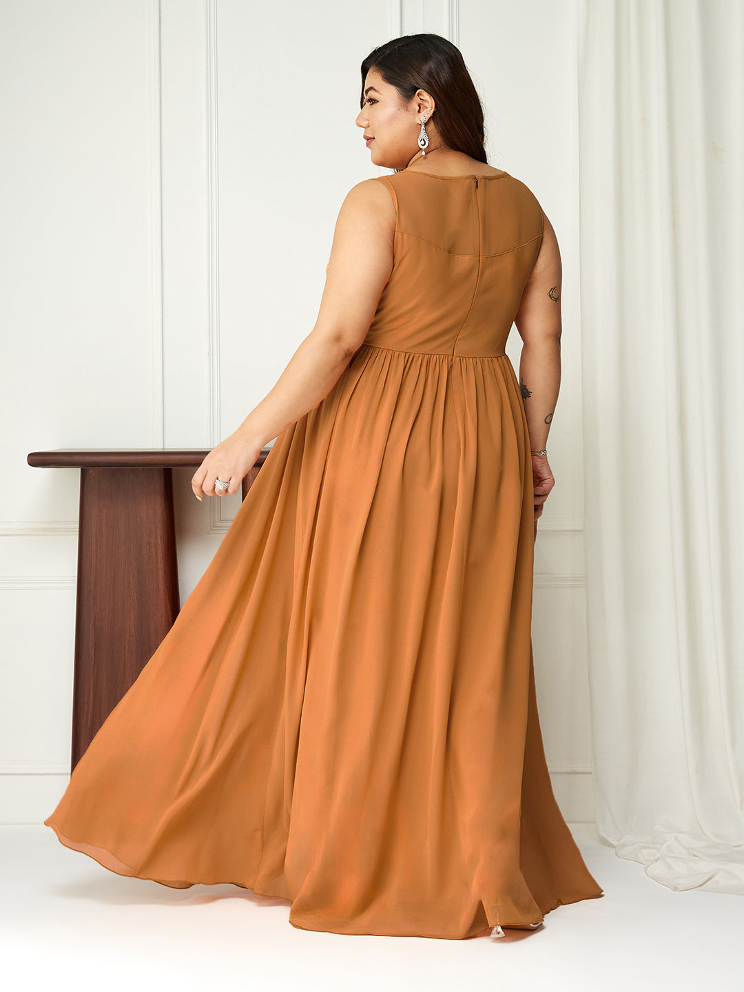 Dusty Orange Sleeveless Fit and Flare Sequinned Maxi Dress Long Dress Frock for Women