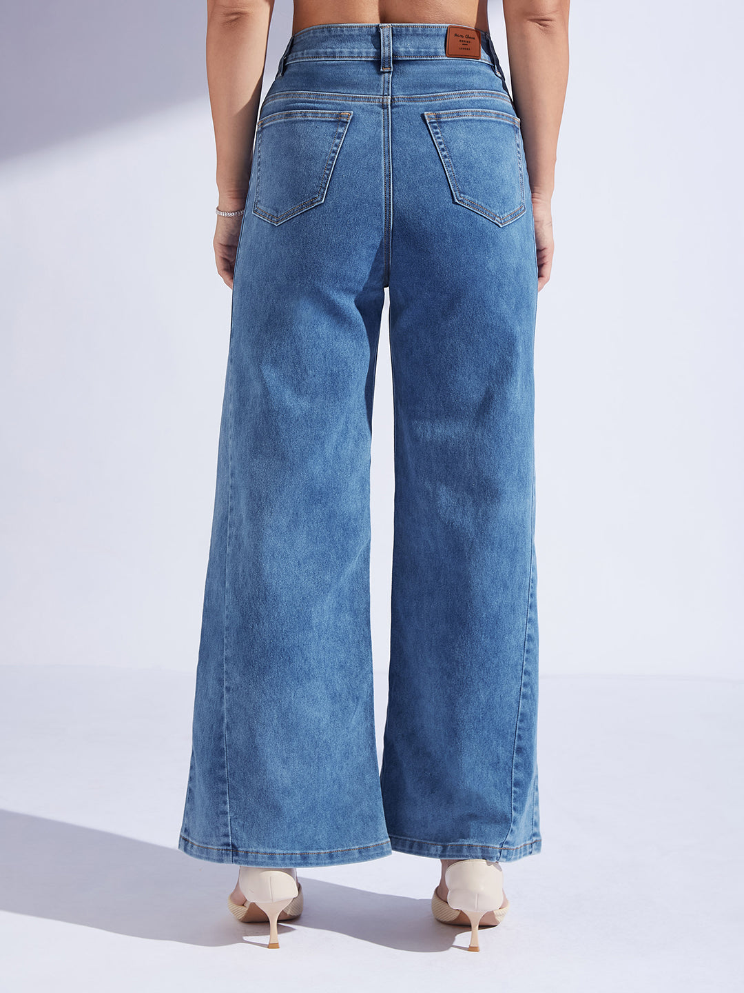 Women's Mid Blue Wide Leg High Rise Curved Panel Clean Look Stretchable Denim Jeans