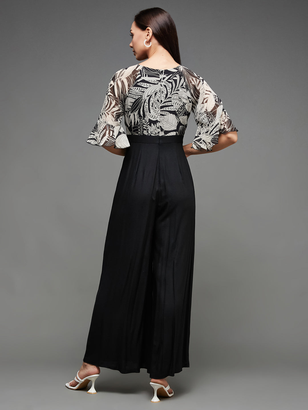 Women's Black V Neck Ruffled Sleeve Wide-Leg Printed Jumpsuit