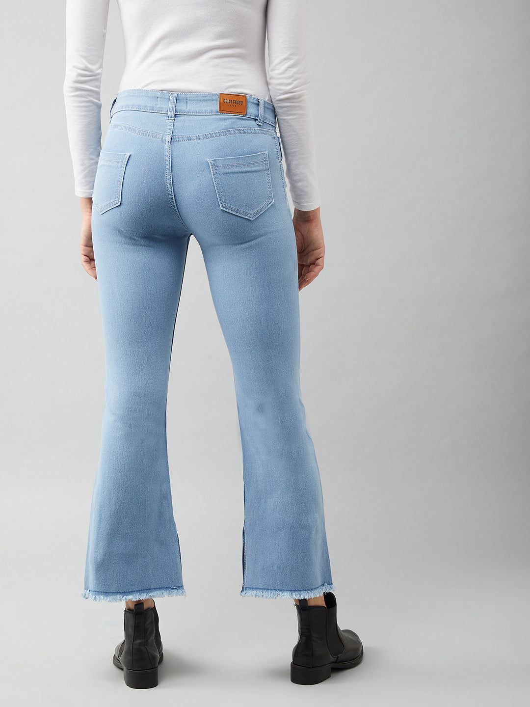 Women's Light Blue Bell-Bottom Semi Bootcut High-Rise Cropped Stretchable Denim Jeans