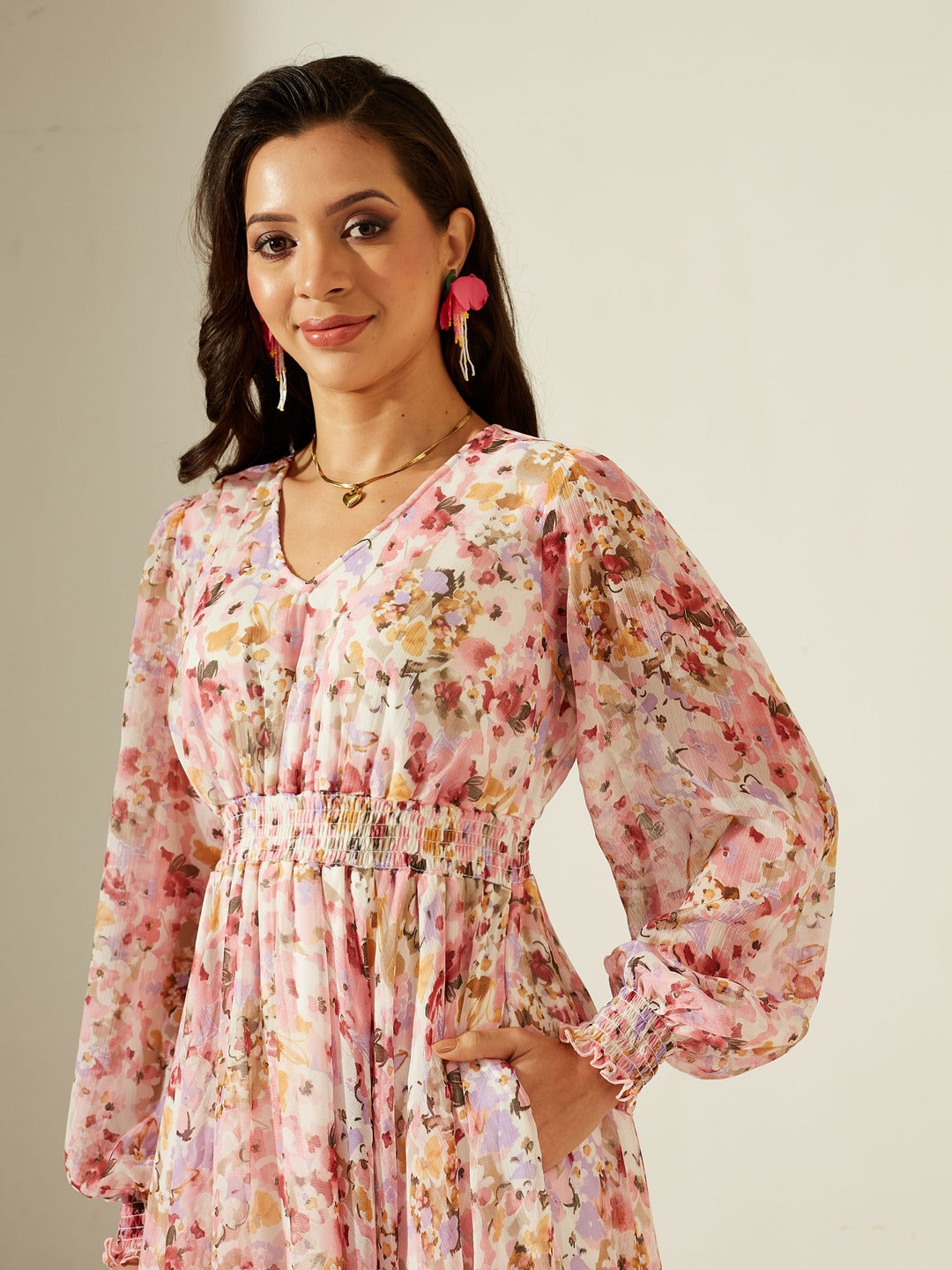 Pink and Black V-Neck Ruffled Sleeve Wide-Leg Printed Jumpsuit for Women