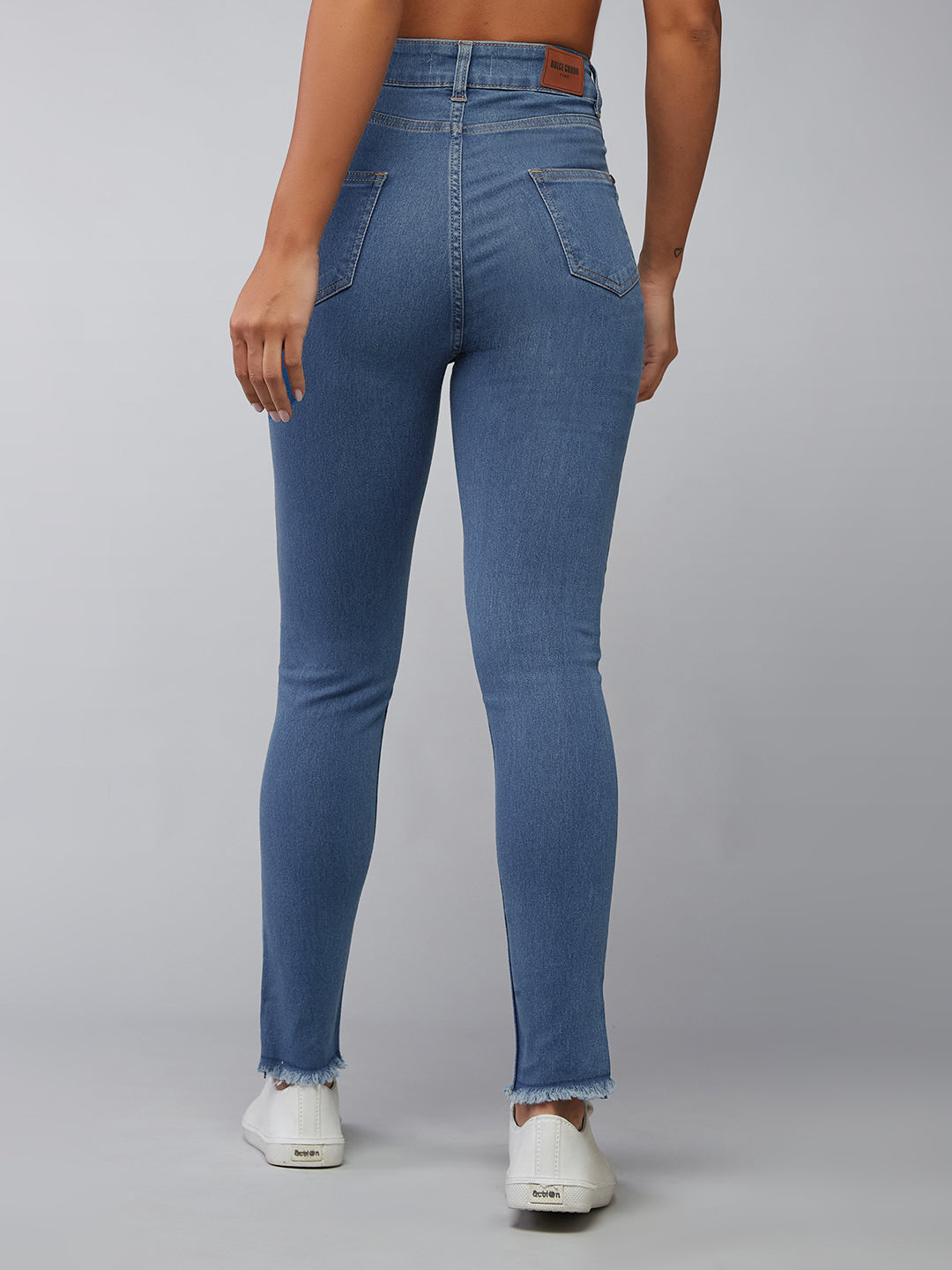 Women's Blue Skinny High-Rise Fringe And Silky Denim Tape Detailing Cropped Denim Jeans